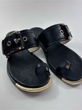 MICHAEL Michael Kors Black Leather Buckle Toe-Ring Slides with Gold Trim